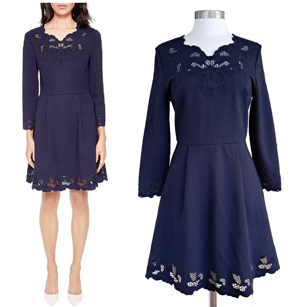 TED BAKER Emey Embroidered Cutwork Fit & Flare Dress Sz 6 Navy Blue Long Sleeve